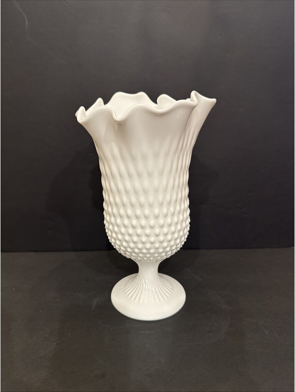 Vintage Fenton Milk Glass Hobnail Handkerchief Swung Vase 11.25” H